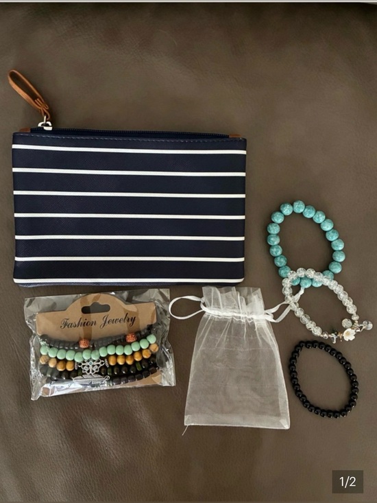 The Unbranded Brand Accessories - Striped Navy & White Pouch with Turquoise, Black, Clear Beaded Bracelets